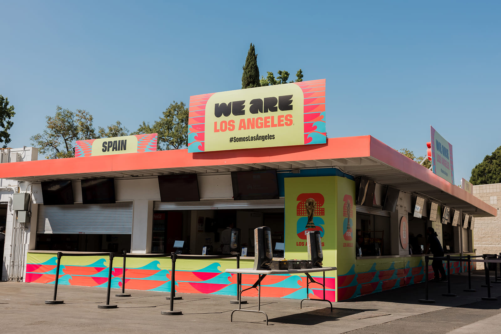 Custom-branded FIFA Fan Fest information kiosk with large-format graphics produced by A3 Visual at the Los Angeles Memorial Coliseum.