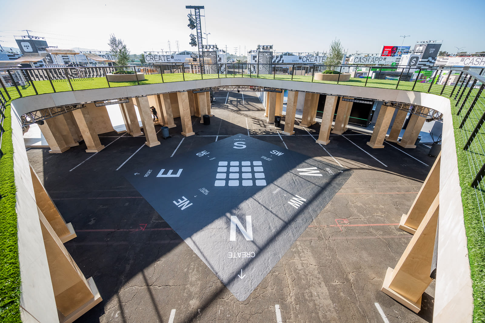 Elevated view of the Block By Block 2025 festival grounds showcasing custom environmental graphics, floor graphics, and branded activations produced by A3 Visual.