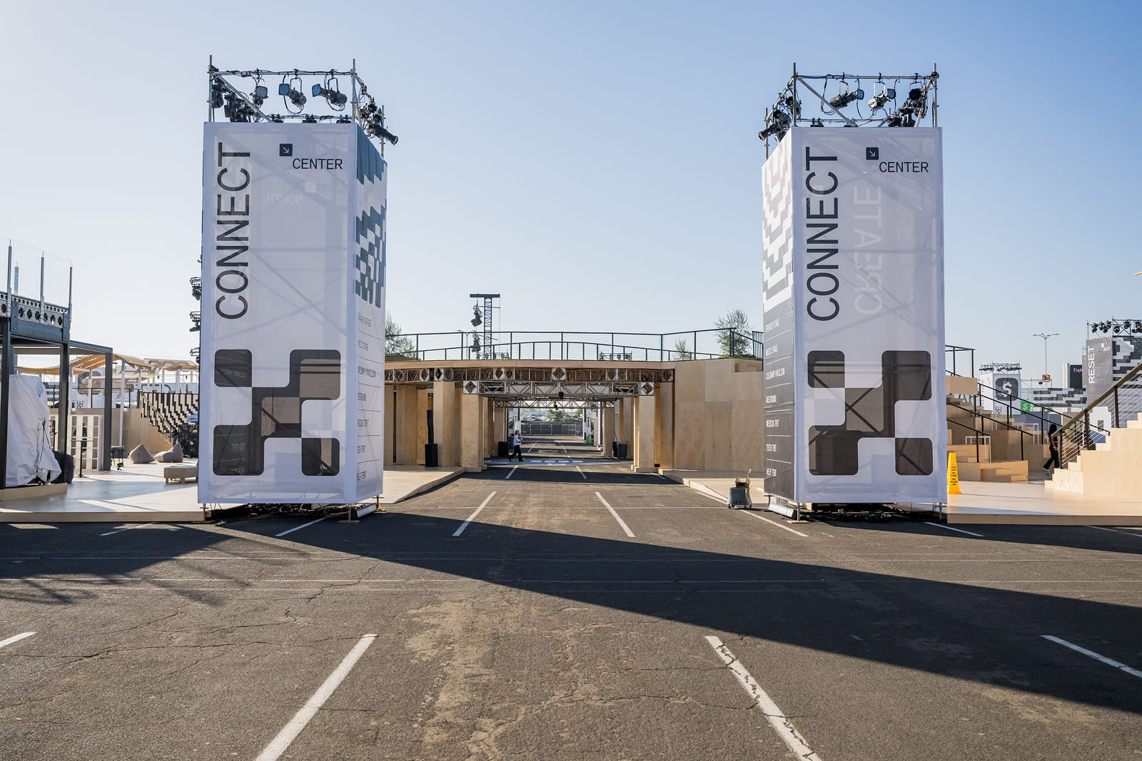Custom-branded entrance towers installed for Block By Block 2025, creating a welcoming arrival experience for attendees.
