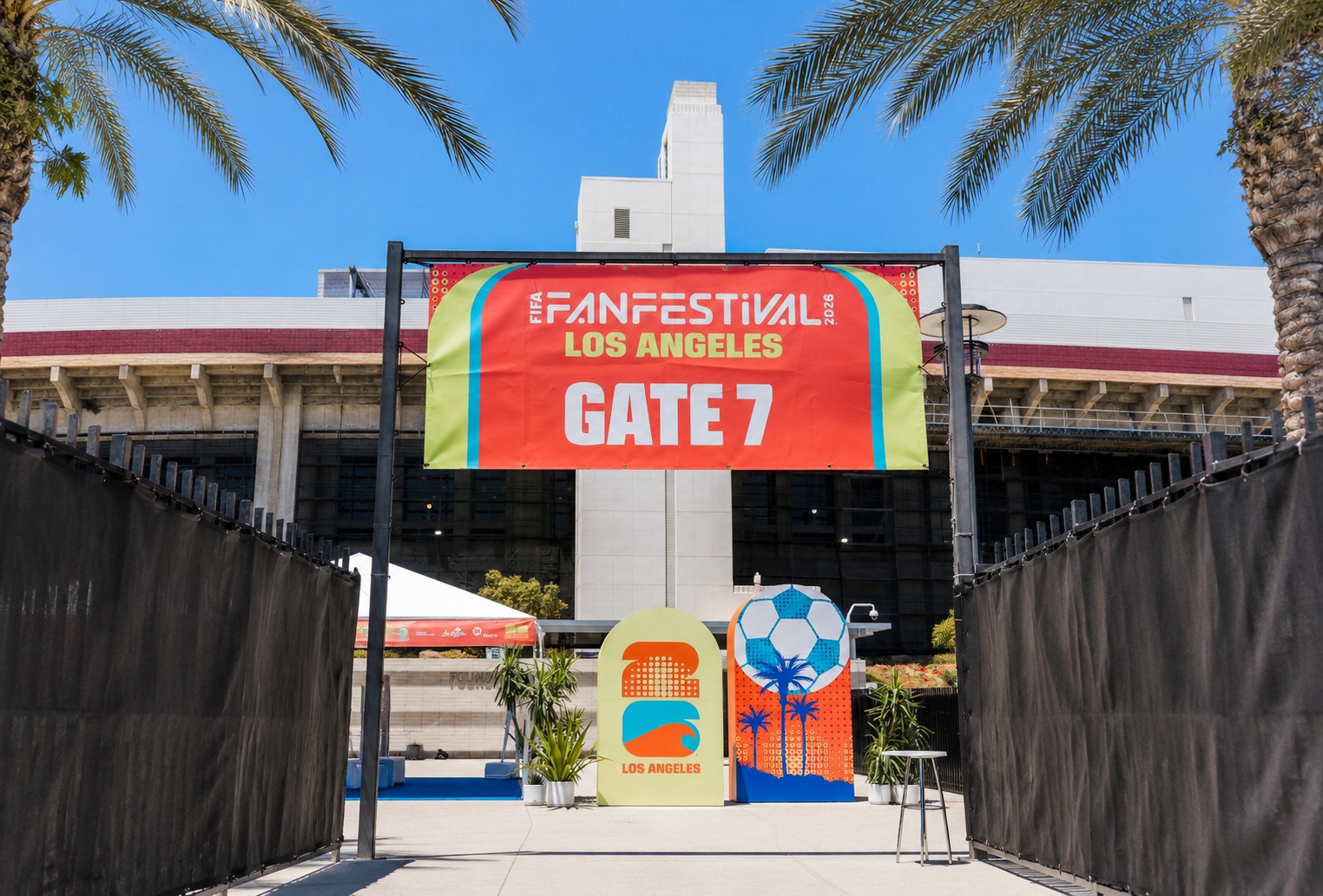 Custom Gate 7 entrance graphics welcoming guests to FIFA Fan Fest at the Los Angeles Memorial Coliseum.