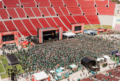 Aerial view of FIFA Fan Fest at the Los Angeles Memorial Coliseum showcasing large-scale event branding, fan activations, and custom graphics produced by A3 Visual.