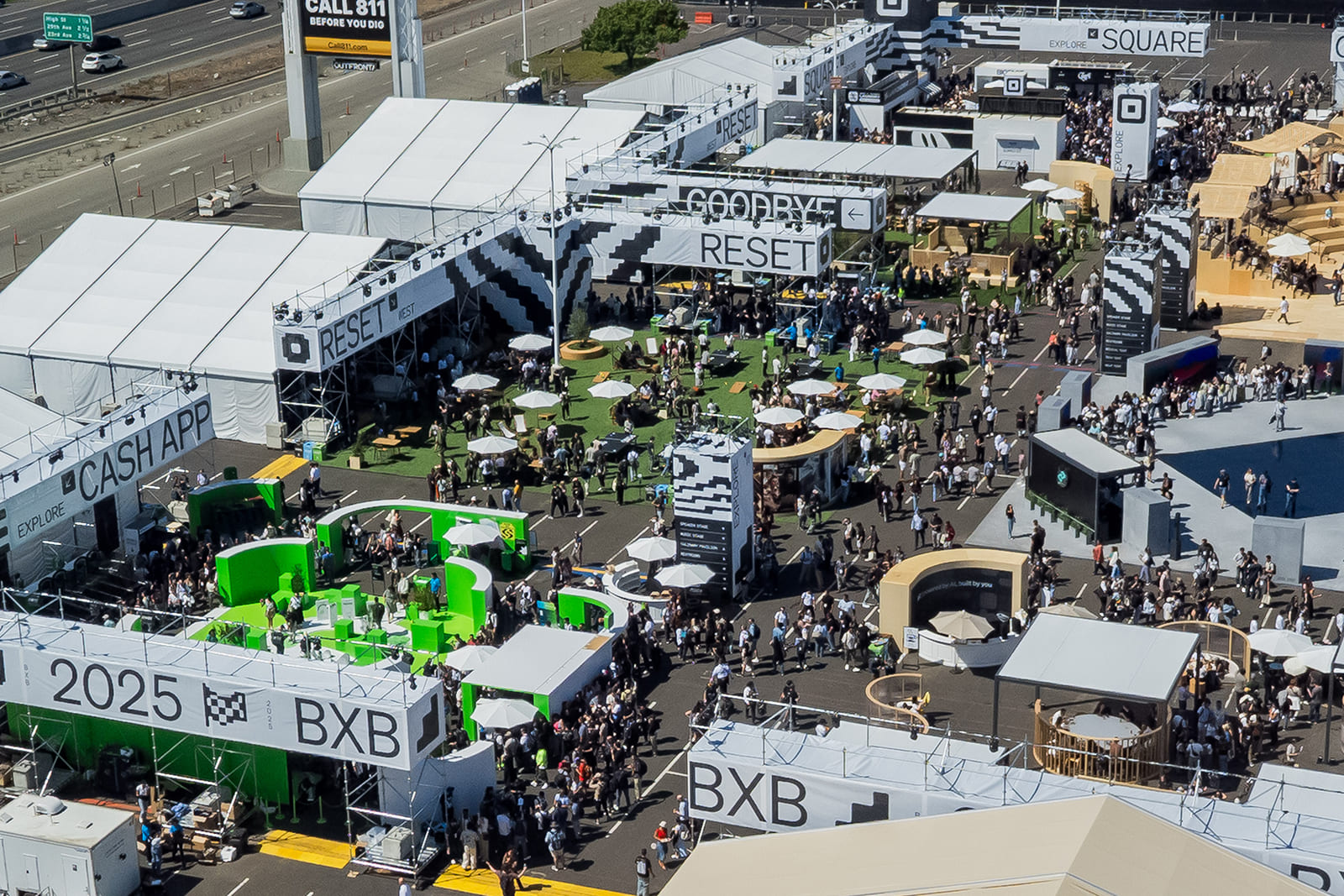 Aerial view of Block By Block 2025 highlighting large-scale environmental graphics, branded activations, and event infrastructure produced by A3 Visual.