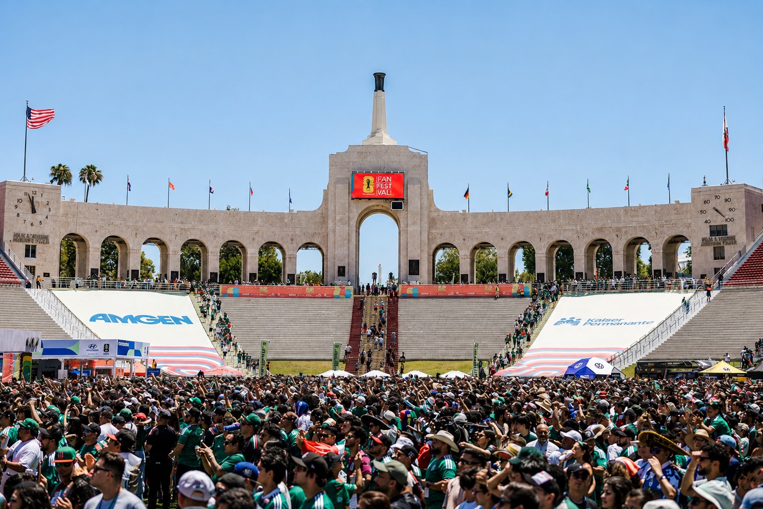 Crowds gather at the 2026 FIFA Fan Fest at the Los Angeles Memorial Coliseum, featuring large-format event graphics and venue branding printed and installed by A3 Visual in support of Sequoia Productions.