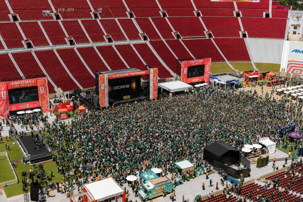 Wide-view-of-FIFA-Fan-Fest-at-the-Los-Angeles-Memorial-Coliseum-featuring-custom-event-branding-field-graphics-and-fan-activation-areas-produced-by-A3-Visual