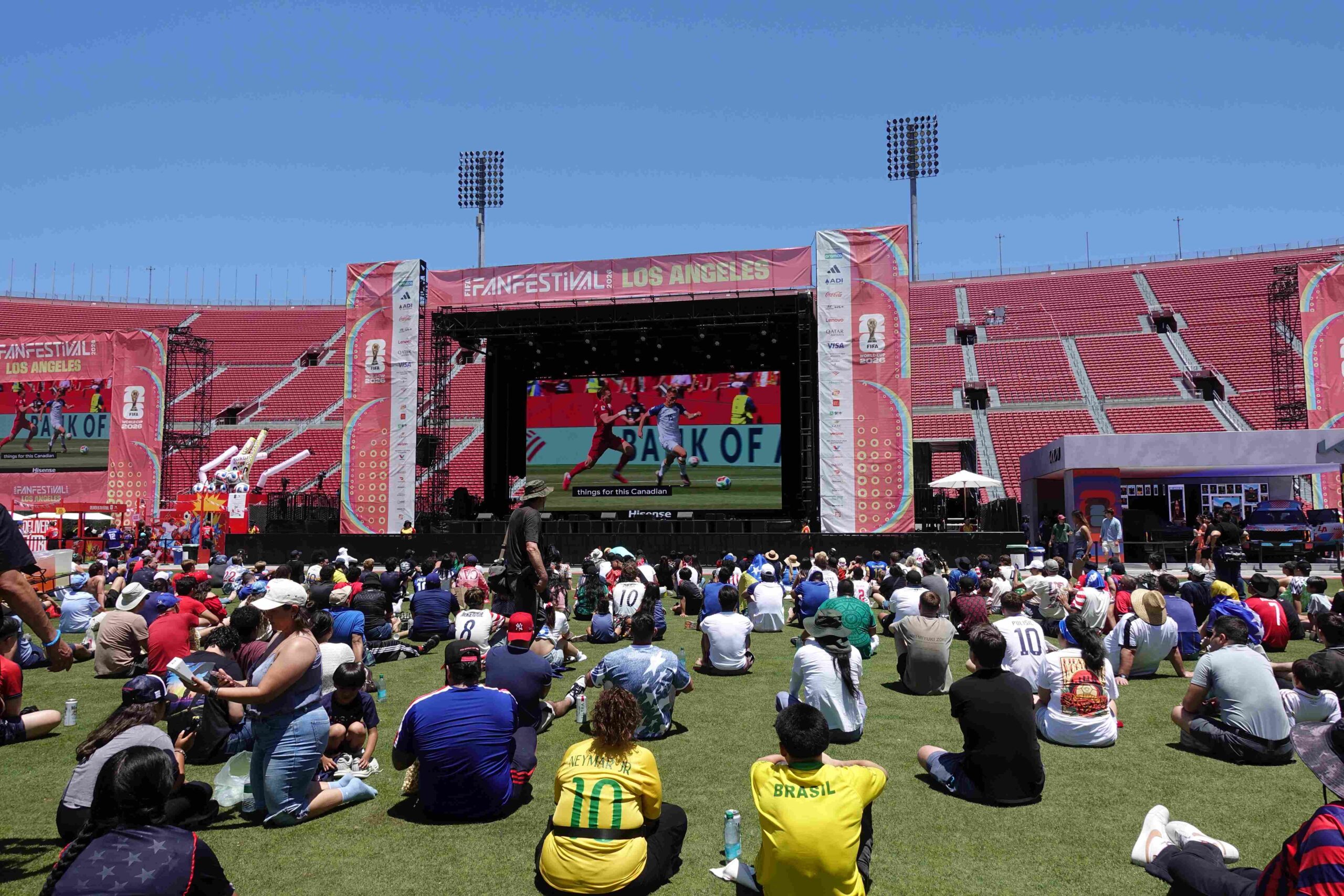 Aerial view of FIFA Fan Fest at the Los Angeles Memorial Coliseum showcasing large-scale event branding, fan activations, and custom graphics produced by A3 Visual.