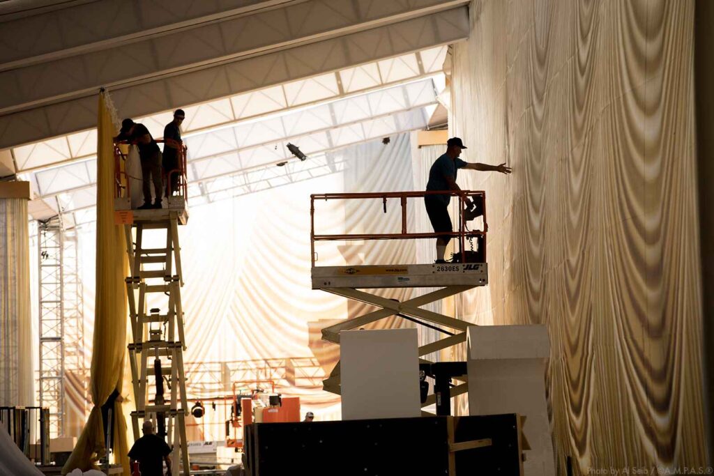 A3 Visual installation team installing large-format fabric backdrops for the 2022 Academy Awards.